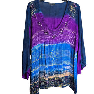Women’s Large Purple Blue Tie Dye Beaded Boho Embroidered Tunic Shirt Blouse